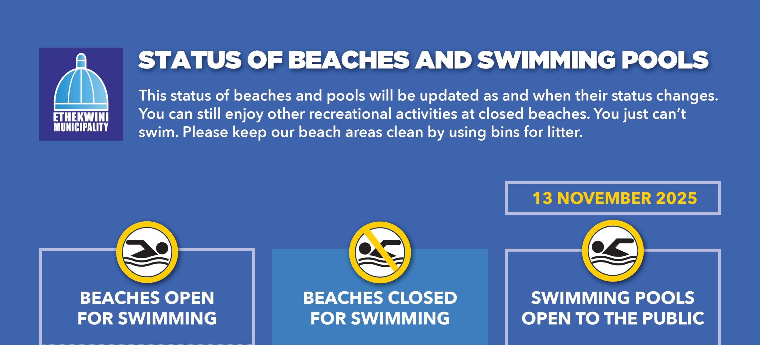 STATUS OF BEACHES AND SWIMMING POOLS FROM 13 NOVEMBER 2025