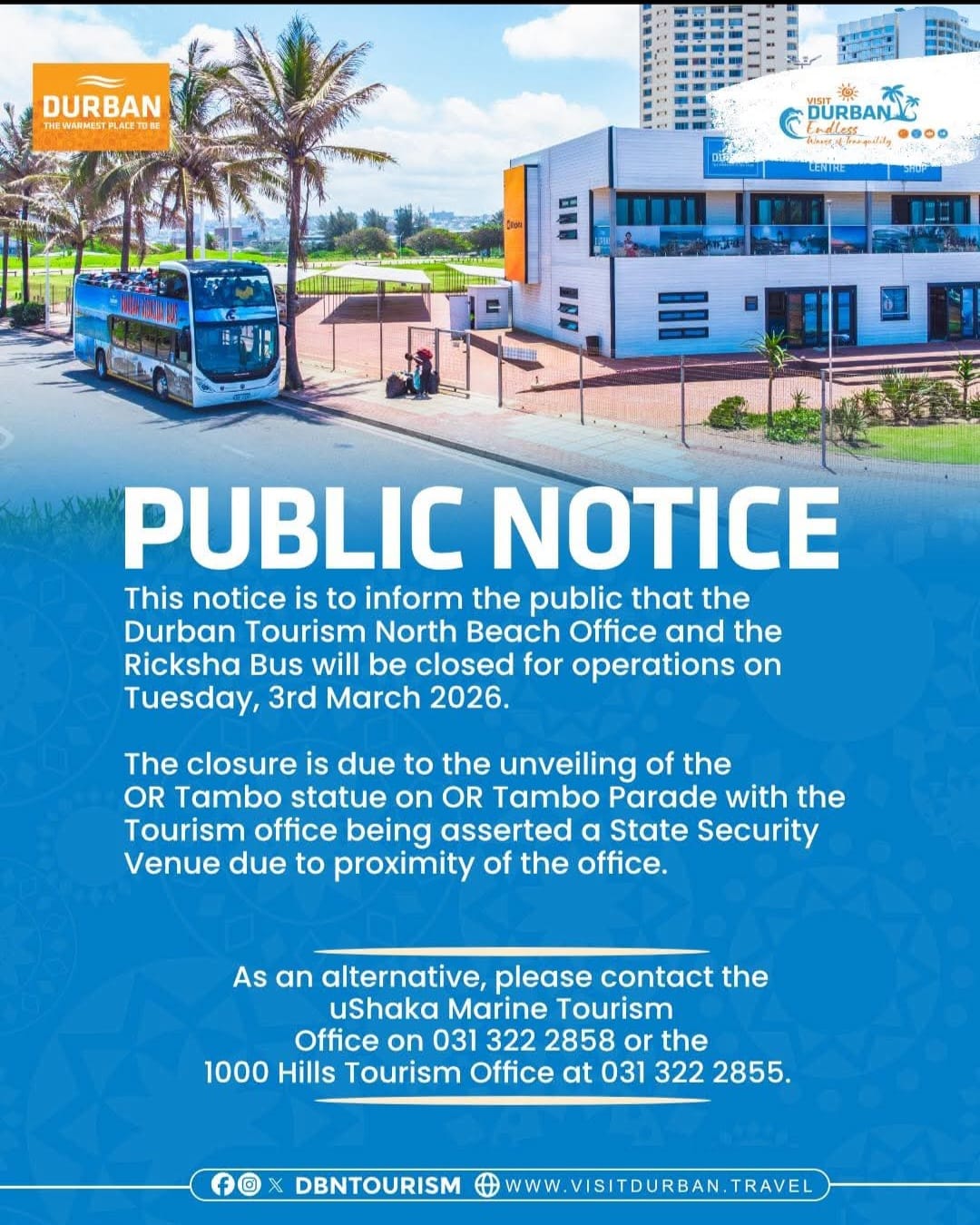 PUBLIC NOTICE – Durban Tourism North Beach Office & Ricksha Bus closure on Tuesday, 3rd March 2026.